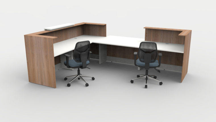 Qube Reception Desk - L Shape - Left Hand - Front Central Disabled Access - 3200w - 2800d - Venetian Walnut Carcass - White Desktop