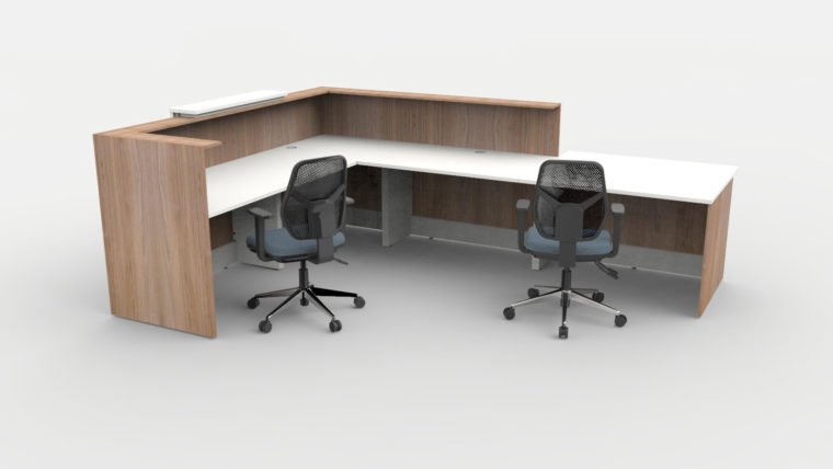 Qube Reception Desk - L Shape - Left Hand - Front Left Disabled Access - 3200w - 2800d - Venetian Walnut Carcass - White Desktop