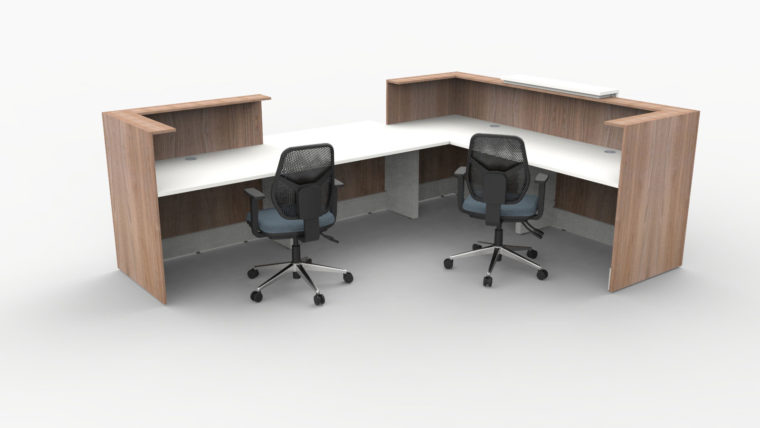Qube Reception Desk - L Shape - Right Hand - Front Central Disabled Access - 3200w - 2800d - Venetian Walnut Carcass - White Desktop