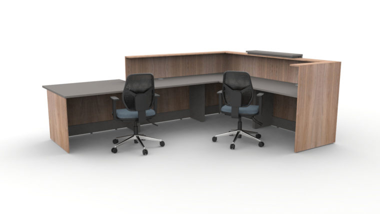 Qube Reception Desk - L Shape - Right Hand - Front Right Disabled Access - 3200w - 2800d - Venetian Walnut Carcass - Arctic Grey Desktop