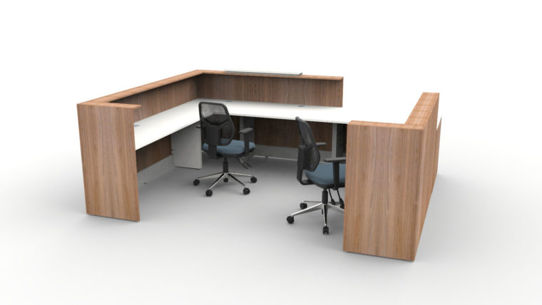 Qube Reception Desk - U Shape - Front Left Disabled Access - 3600w - 2400d - Venetian Walnut Carcass - White Desktop